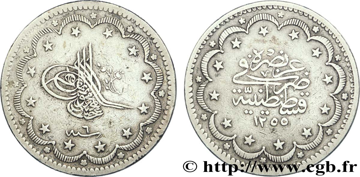 TURCHIA 20 Kurush au nom de Meijid AH 1255 an 6 1844 Constantinople BB 