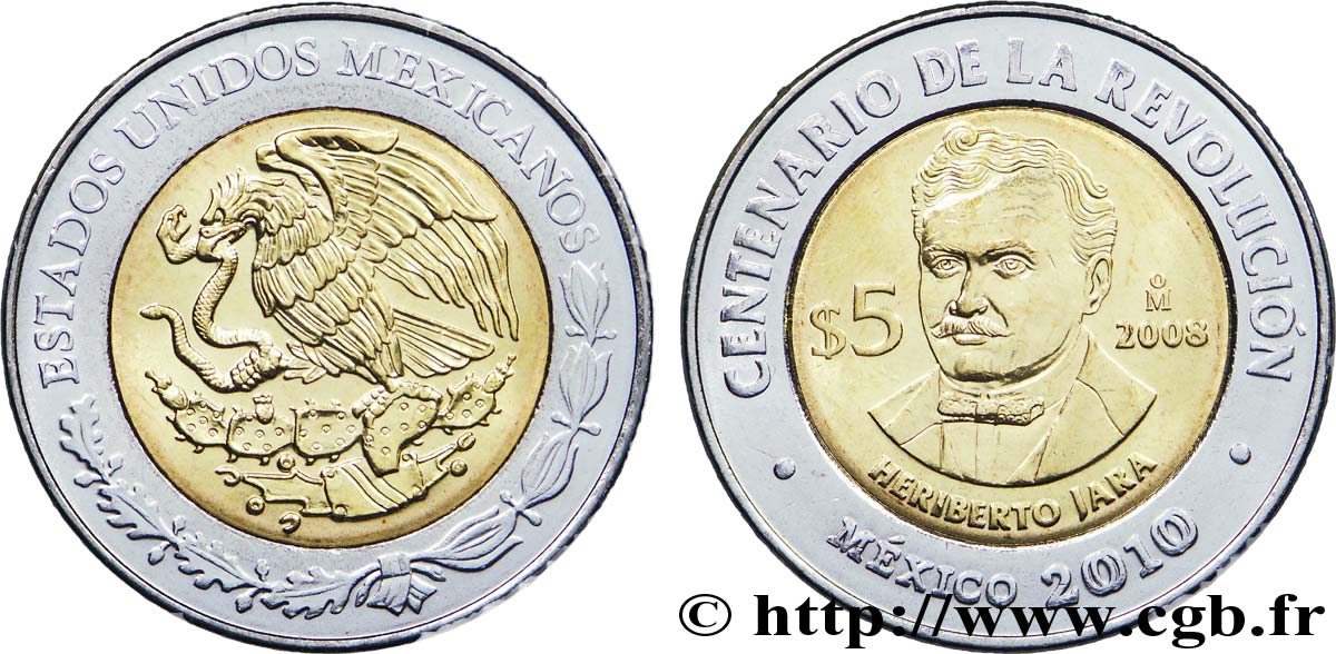 MEXICO 5 Pesos Centenaire de la Révolution : aigle / Heriberto Jara 2008 Mexico AU 