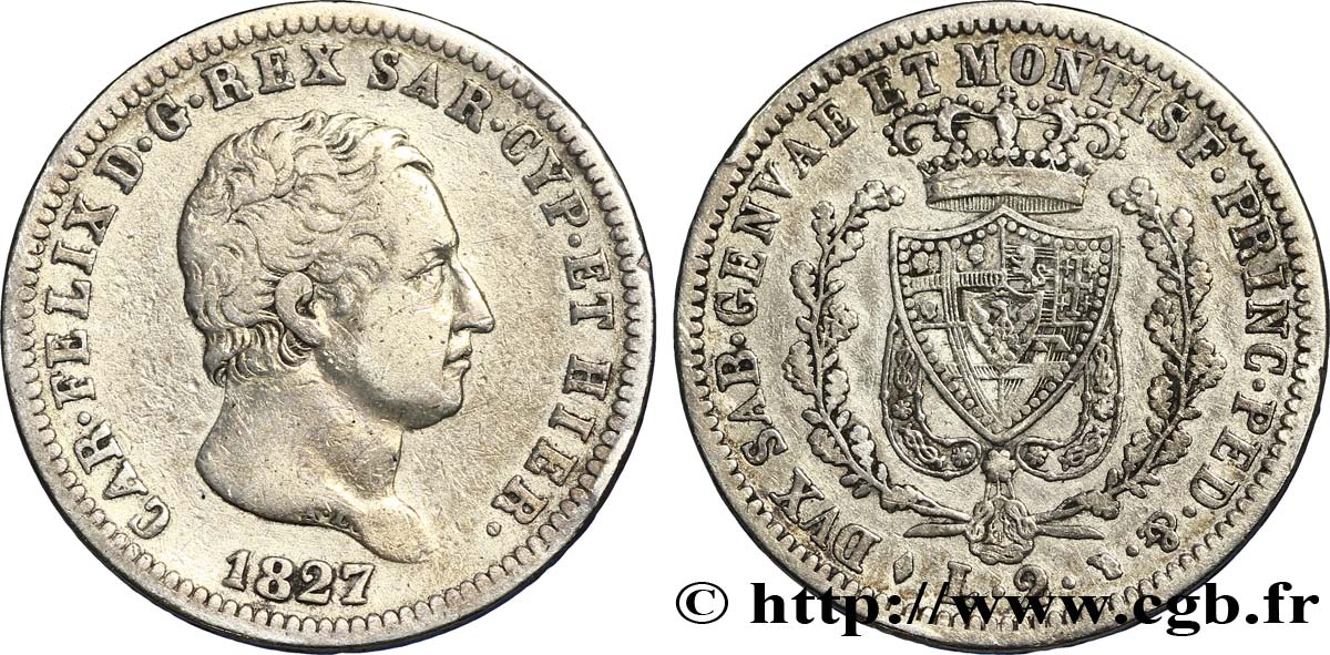 ITALIA - REINO DE CERDEÑA 2 Lire Royaume de Sardaigne : Charles-Félix / armes de Savoie 1827 Turin BC+ 