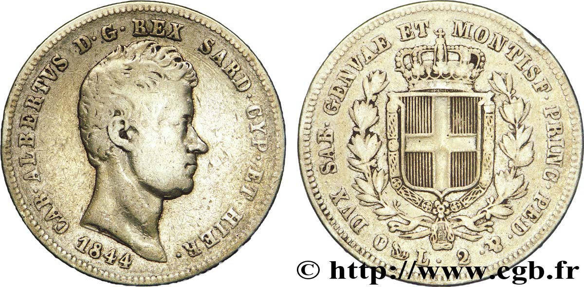 ITALIA - REGNO DE SARDINIA 2 Lire Royaume de Sardaigne : Charles-Albert / armes de Savoie 1844 Gênes MB 