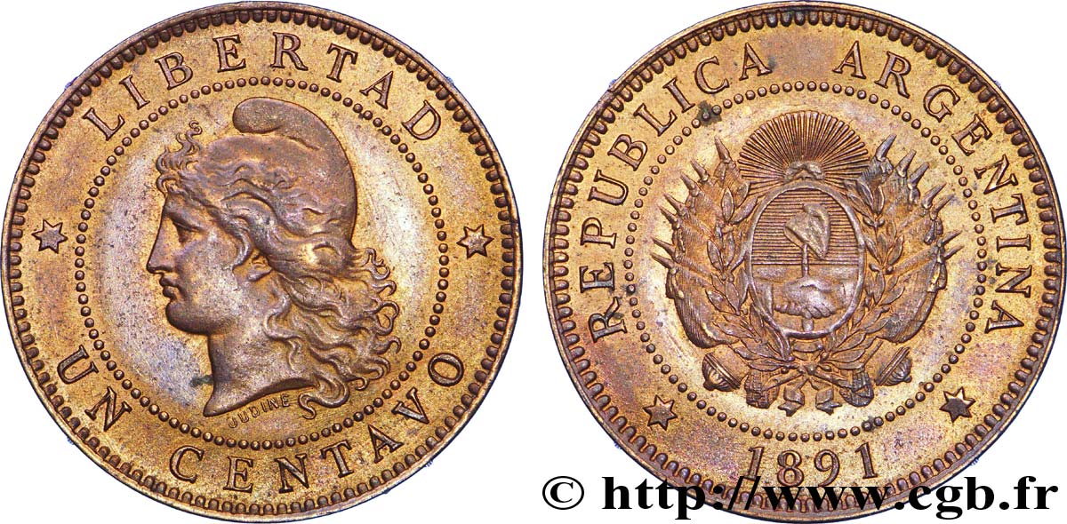 ARGENTINA 1 Centavo emblème / “Liberté” 1891  MS 