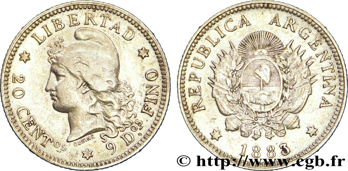 ARGENTINA 20 Centavos Liberté au bonnet / emblème 1883  VF 