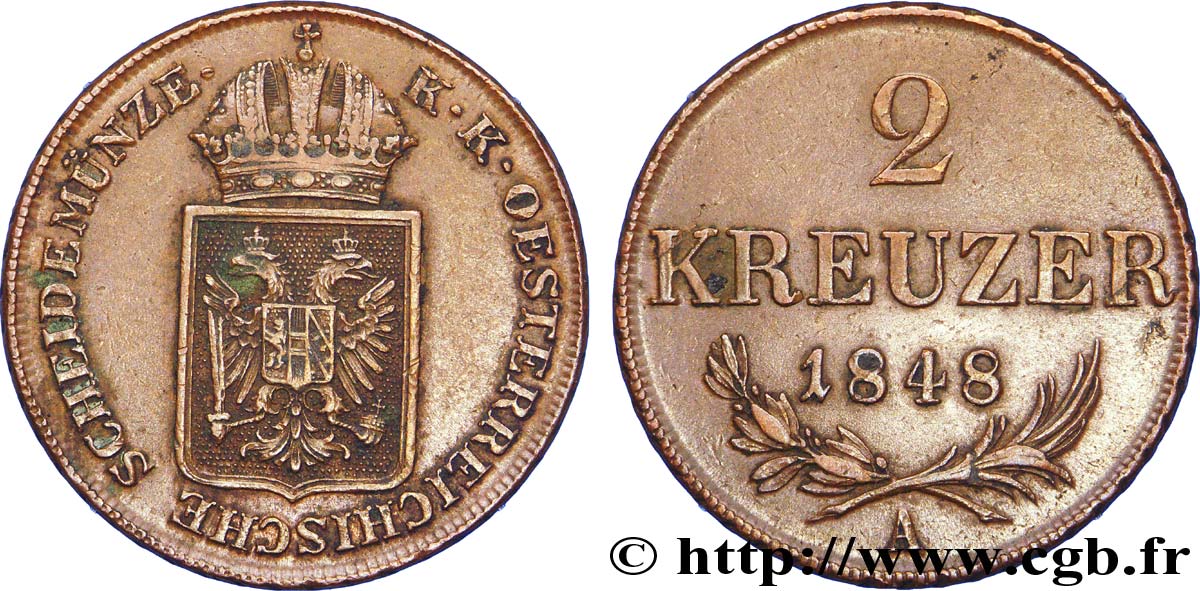 ÖSTERREICH 2 Kreuzer monnayage de la révolution de 1848-1849 1848 Vienne VZ 