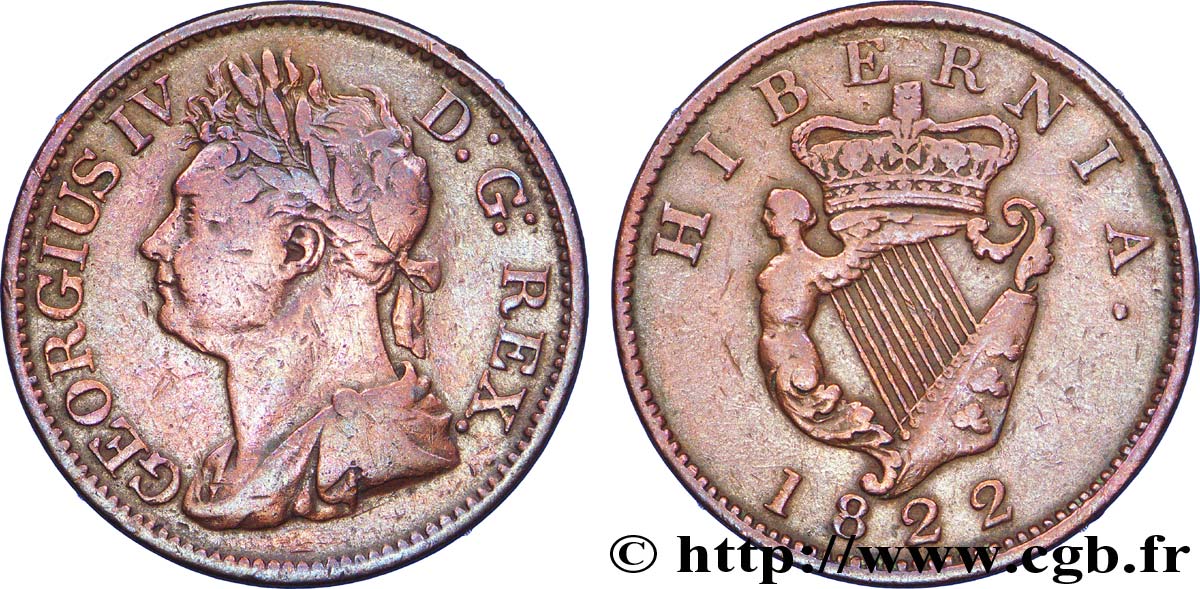 IRELAND REPUBLIC 1/2 Penny Georges IV 1822  VF 