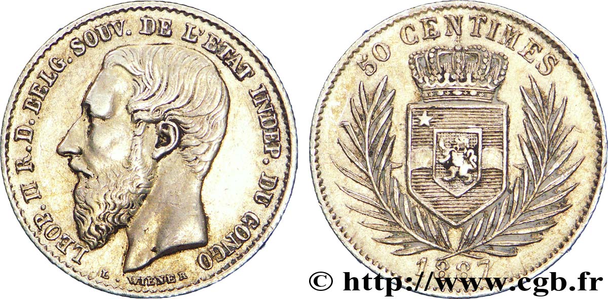 BELGISCH-KONGO 50 Centimes Léopold II 1887  VZ 