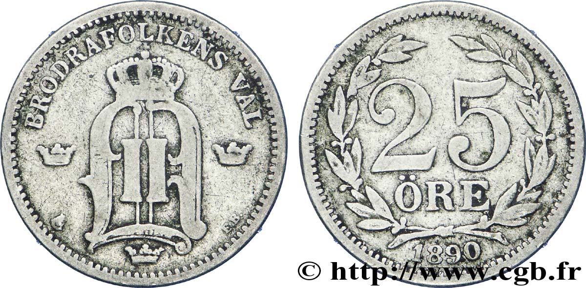 SWEDEN 25 Ore monogramme d’Oscar II de Suède et de Norvège, type à grand “25” 1890  VF 