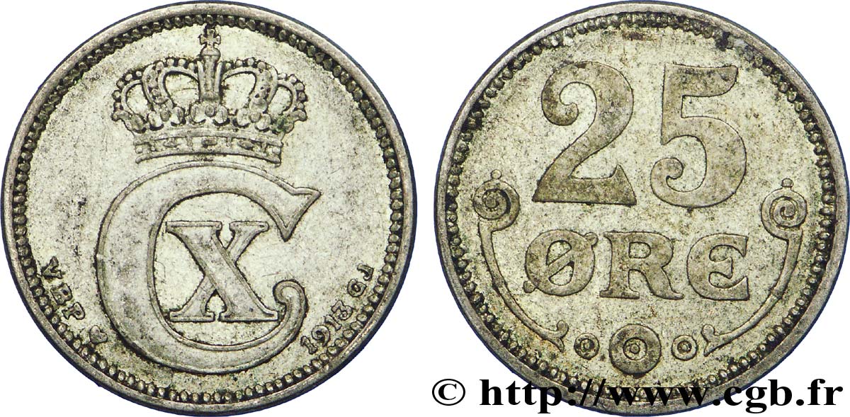 DANEMARK 25 Ore monogramme de Christian X roi du Danemark 1913 Copenhague TTB 