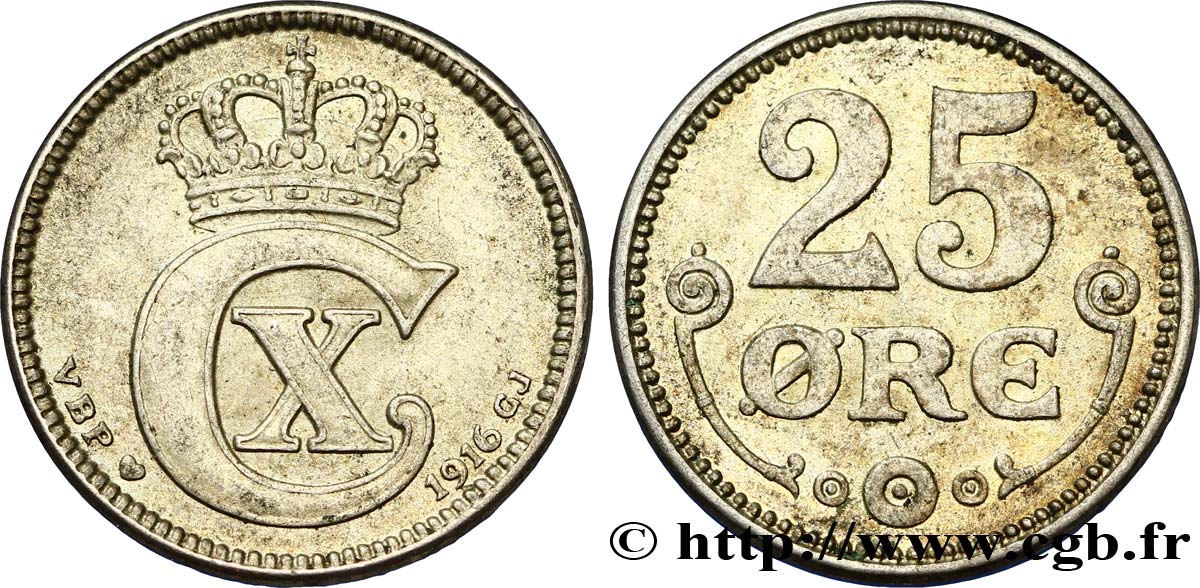 DANEMARK 25 Ore monogramme de Christian X roi du Danemark 1916 Copenhague SUP 