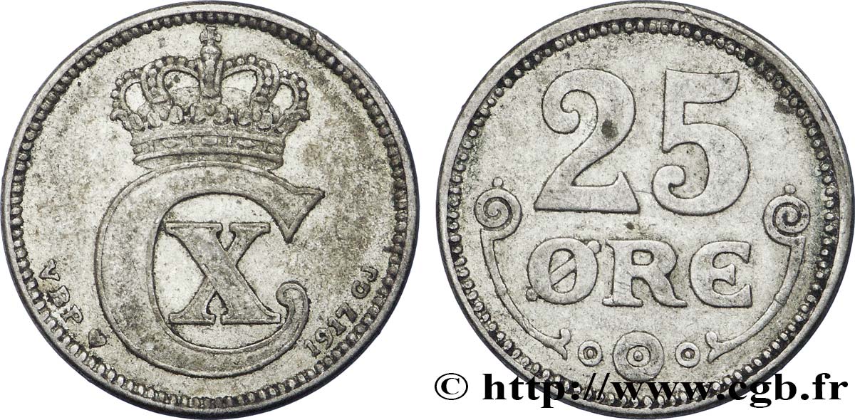 DENMARK 25 Ore monogramme de Christian X roi du Danemark 1917 Copenhague XF 