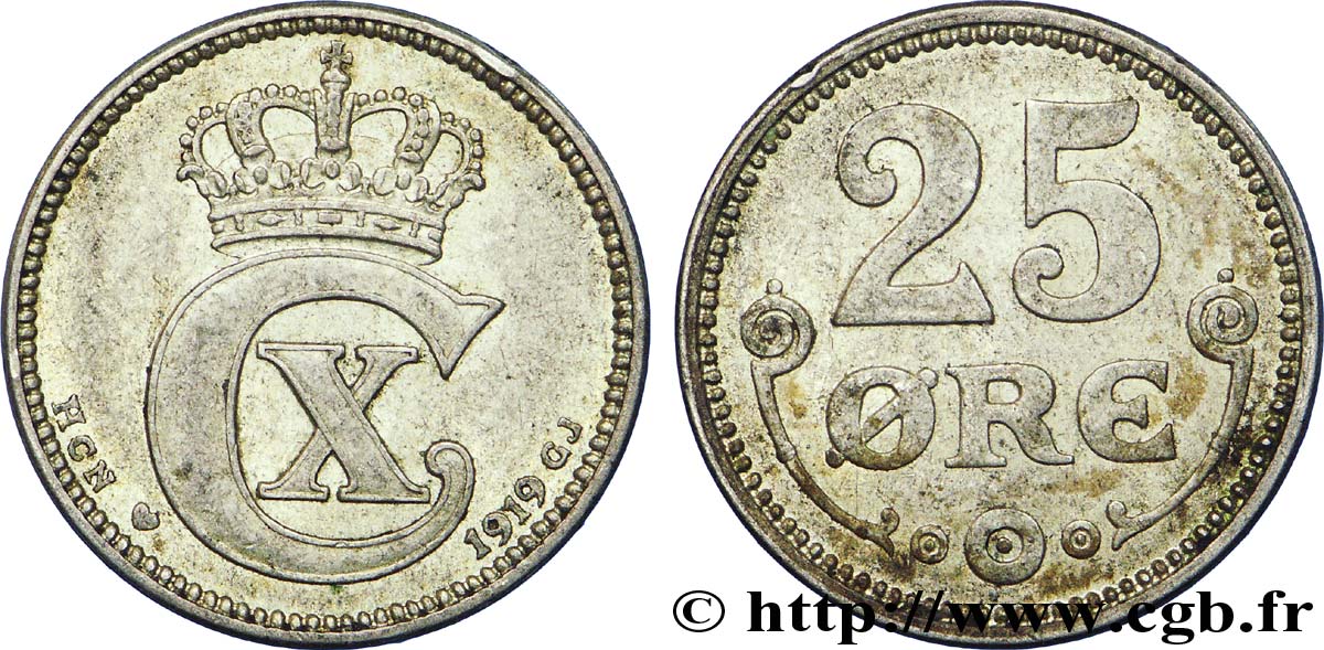 DINAMARCA 25 Ore monogramme de Christian X roi du Danemark 1919 Copenhague q.SPL 