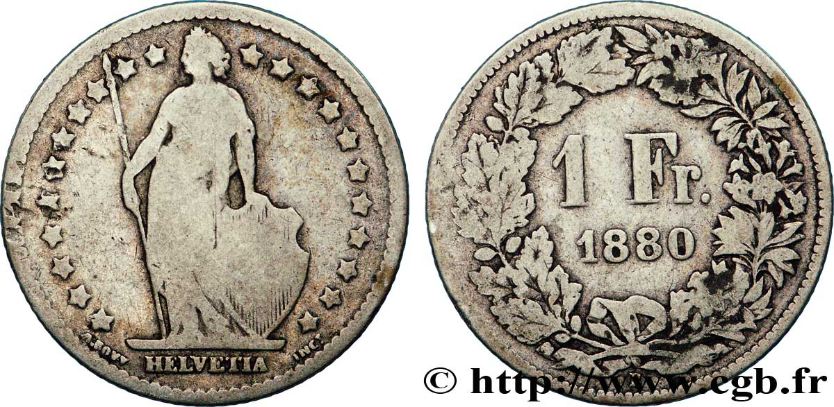 SUIZA 1 Franc Helvetia 1880 Berne - B BC 
