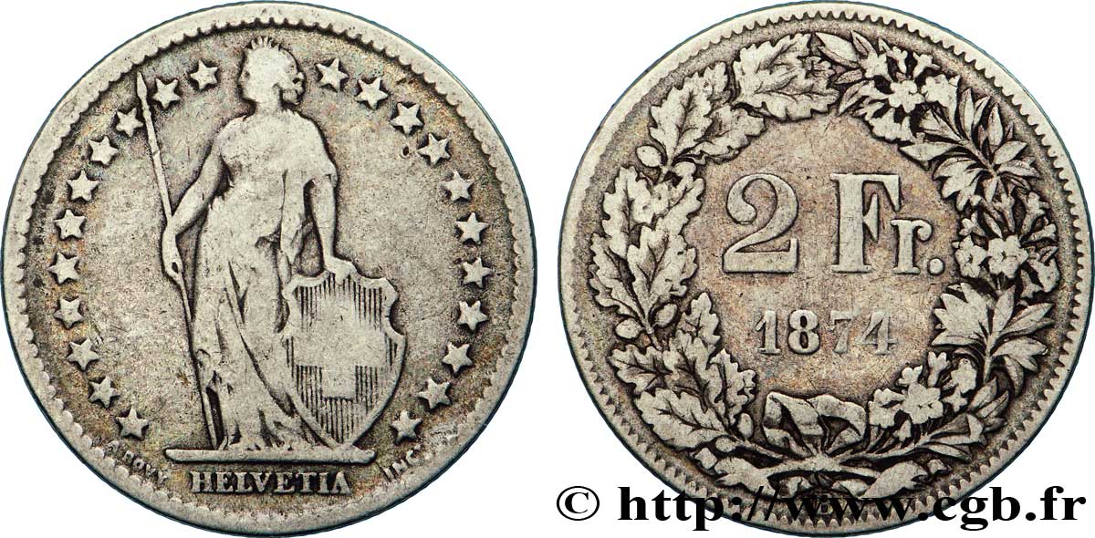 SUISSE 2 Francs Helvetia 1874 Berne fwo_208598 Monde
