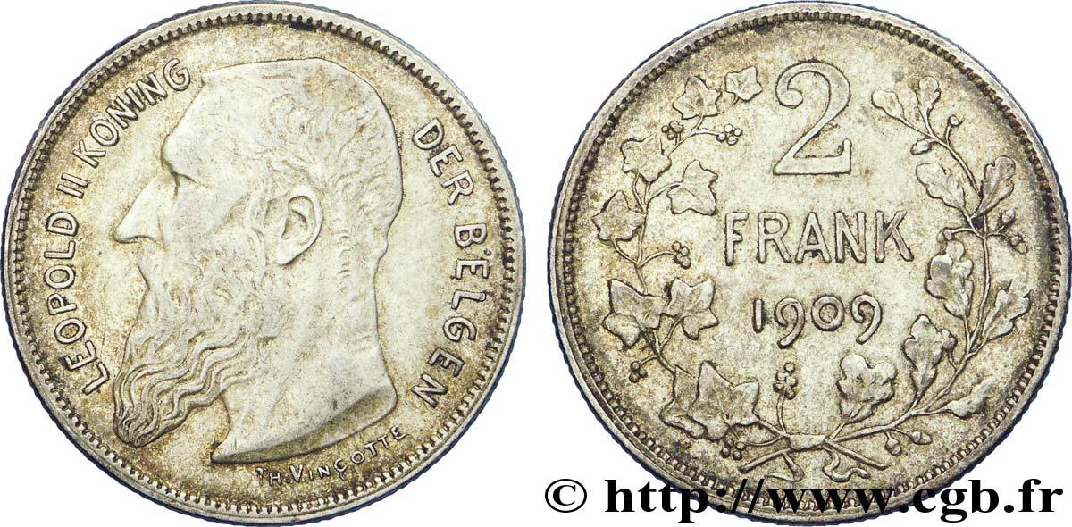 BELGIUM 2 Francs (Frank) Léopold II légende flamande 1909  XF 
