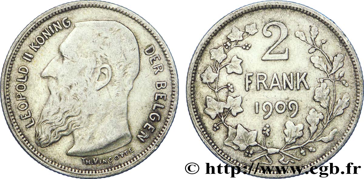BELGIUM 2 Francs (Frank) Léopold II légende flamande 1909  VF 
