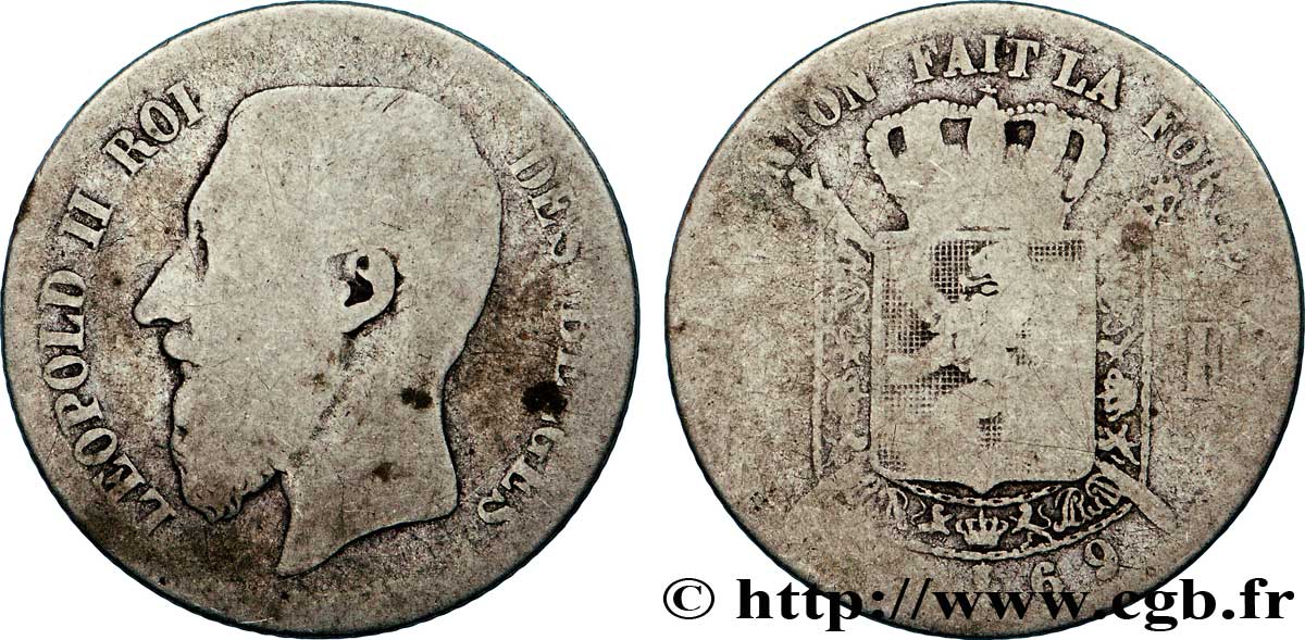 BELGIEN 1 Franc Léopold II légende française 1869  SGE 