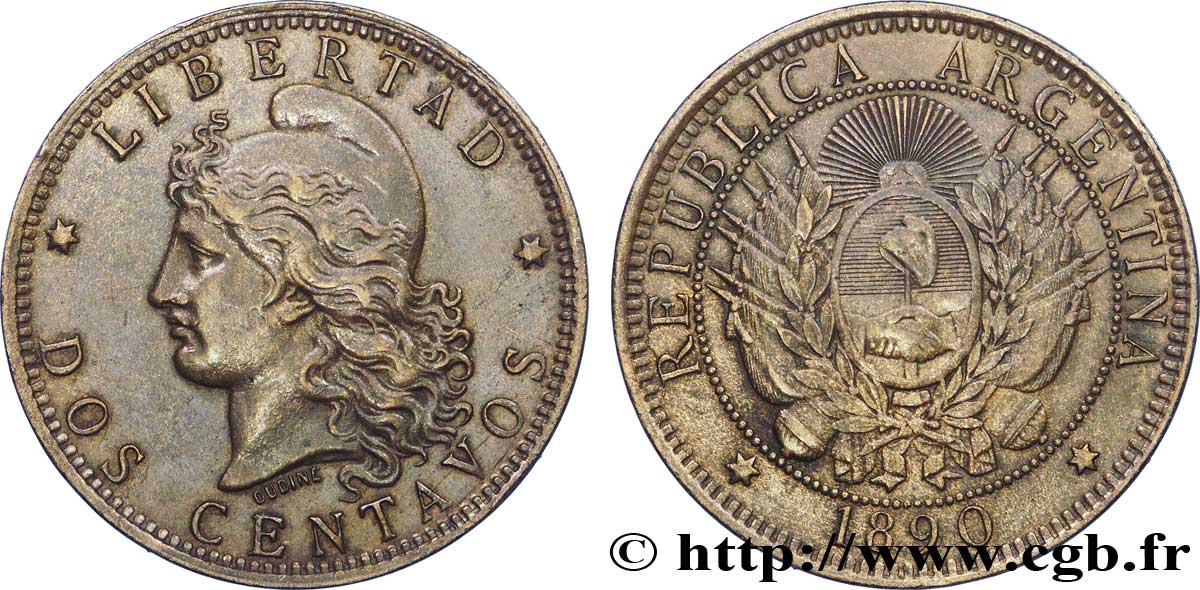 ARGENTINA 2 Centavos emblème / “Liberté” 1890  SPL 