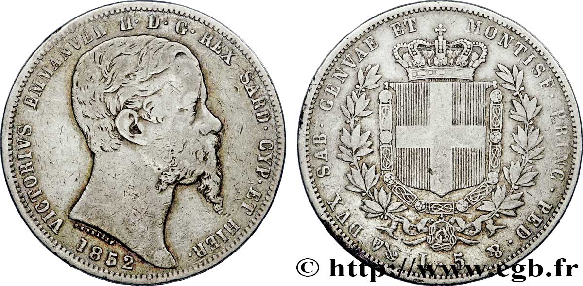ITALY - KINGDOM OF SARDINIA 5 Lire Victor Emmanuel II, roi de Sardaigne 1852 Gênes VF 