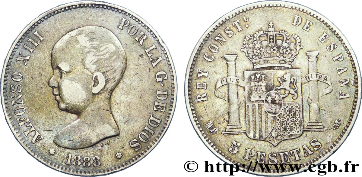ESPAÑA 5 Pesetas Alphonse XIII 1er type 1888 Madrid BC+ 