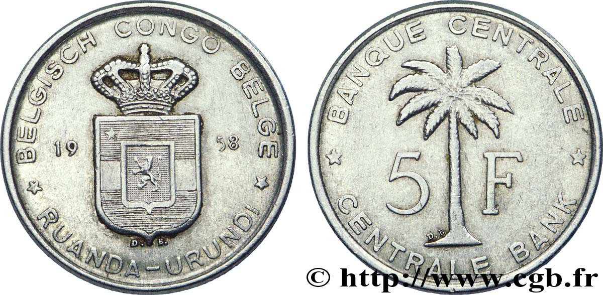 BELGIAN CONGO 5 Francs Banque Centrale Congo Belge-Ruanda-Urundi 1958  XF 