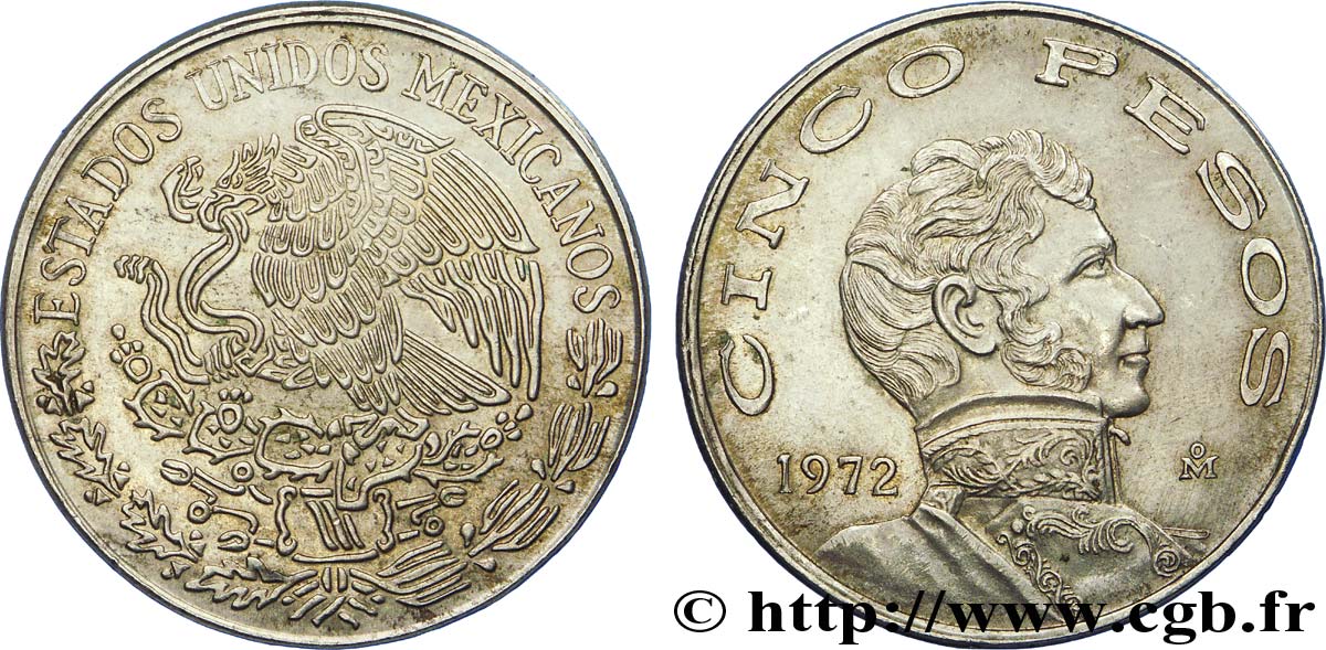 MESSICO 5 Pesos aigle mexicain / Vicente Guerrero 1972 Mexico SPL 