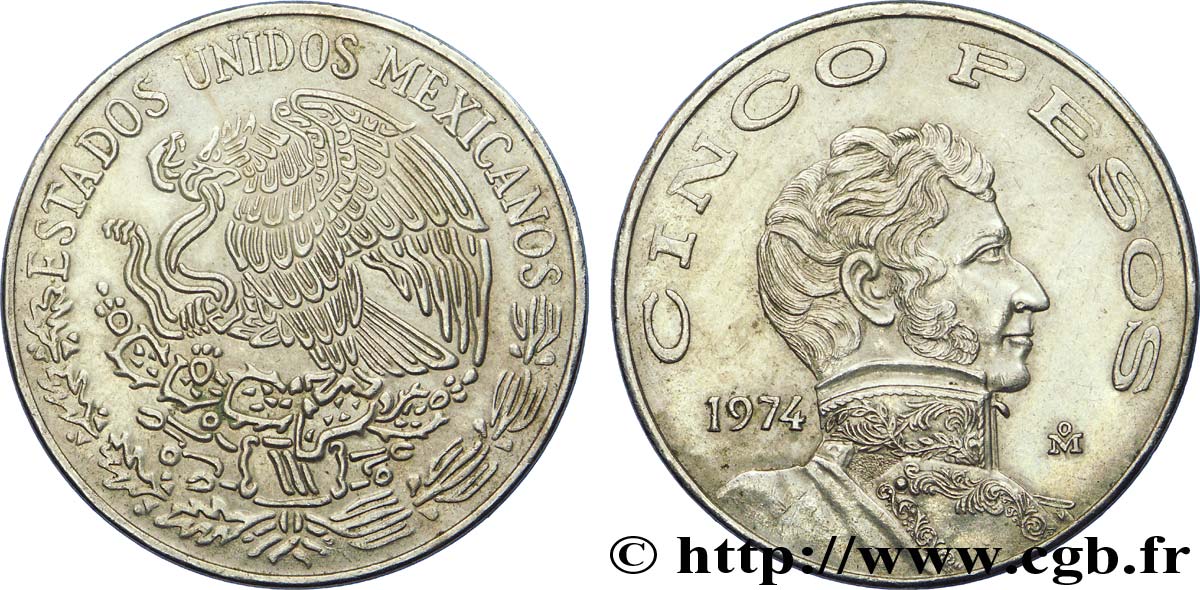 MÉXICO 5 Pesos Vicente Guerrero 1974 Mexico EBC 