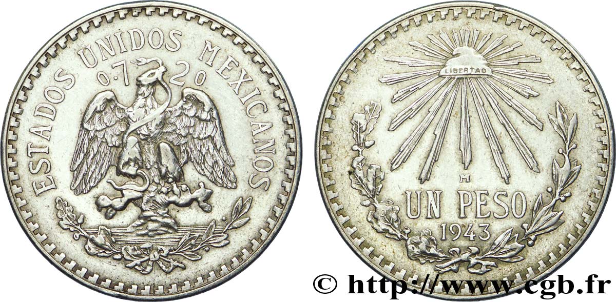 MEXIKO 1 Peso aigle / bonnet phrygien et rayons 1943 Mexico VZ 