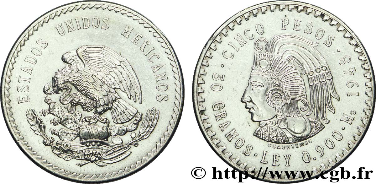 MÉXICO 5 Pesos Aigle / buste de Cuauhtemoc 1948 Mexico EBC 