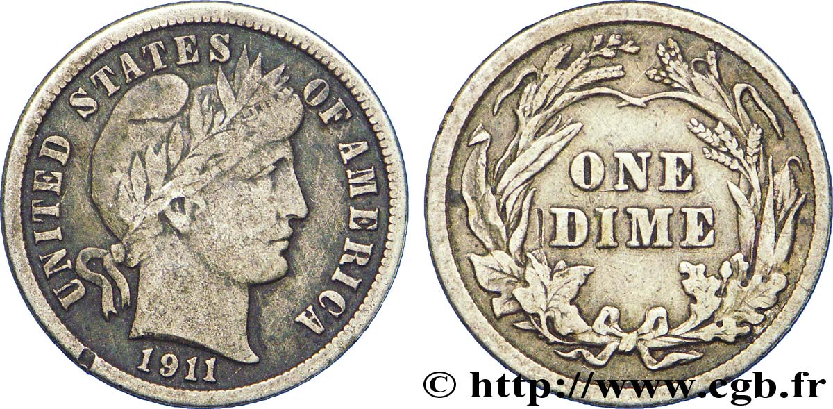 UNITED STATES OF AMERICA 1 Dime Barber 1911 Philadelphie XF 