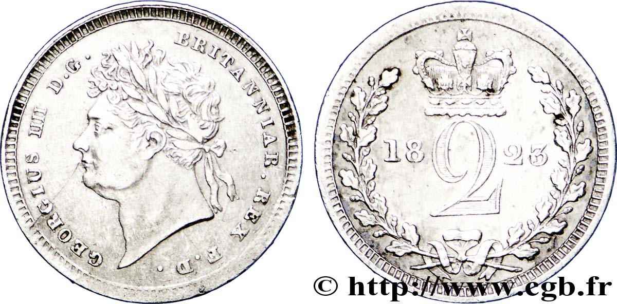 UNITED KINGDOM 2 Pence Georges IIII buste lauré 1823  AU 