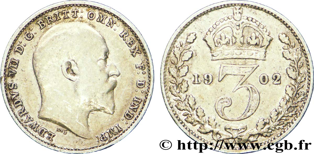 VEREINIGTEN KÖNIGREICH 3 Pence Edouard VII / couronne 1902  VZ 