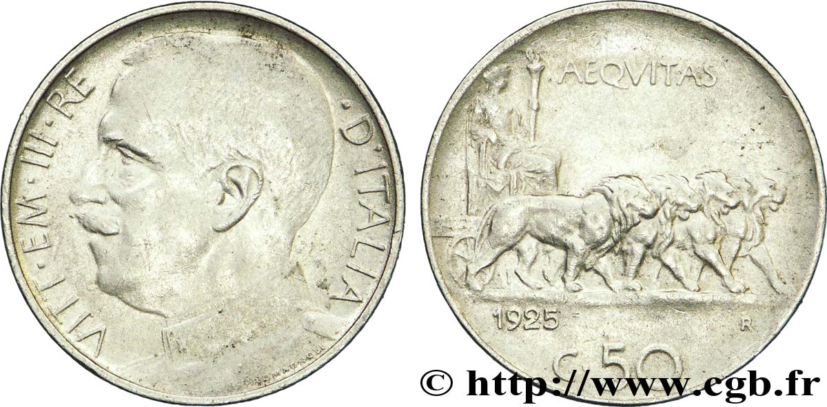 ITALIA 50 Centesimi  Victor Emmanuel III en uniforme / allégorie de l’Italie et 4 lions 1925 Rome - R BB 