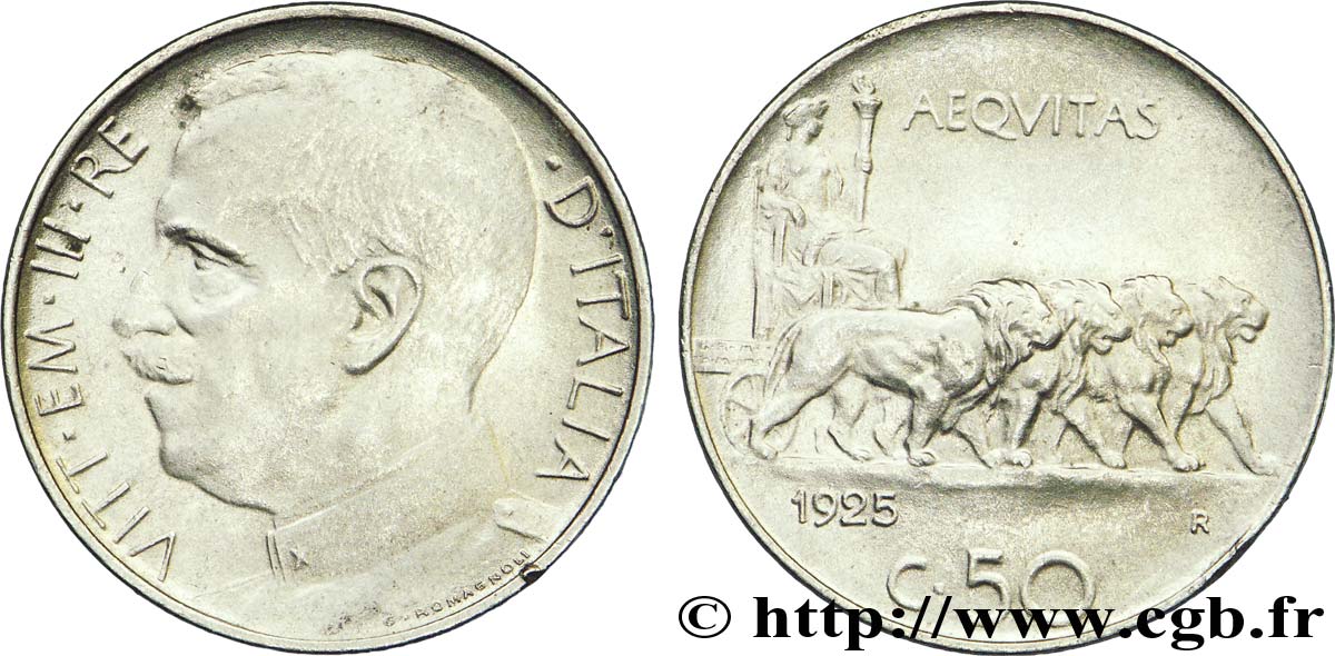 ITALY 50 Centesimi  Victor Emmanuel III en uniforme / allégorie de l’Italie et 4 lions 1925 Rome - R AU 