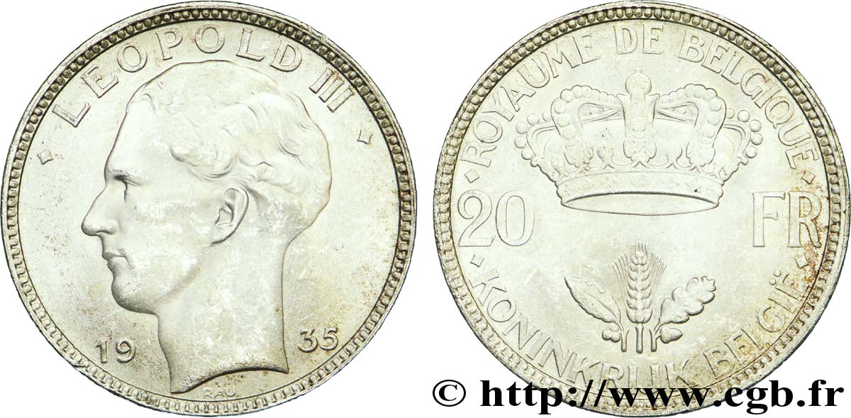 BÉLGICA 20 Francs Léopold III position B 1935  EBC 