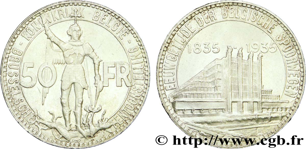BELGIO 50 Francs Exposition de Bruxelles et centenaire des chemins de fer belges, St Michel en armure légende Flamande, position B 1935  SPL 