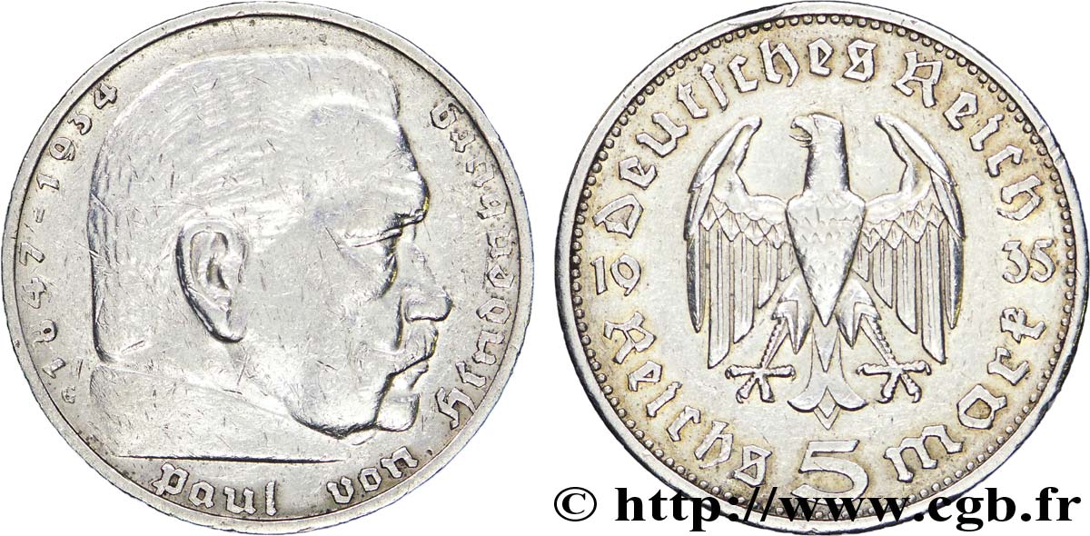 GERMANIA 5 Reichsmark Aigle / Maréchal Paul von Hindenburg 1935 Karlsruhe - G BB 