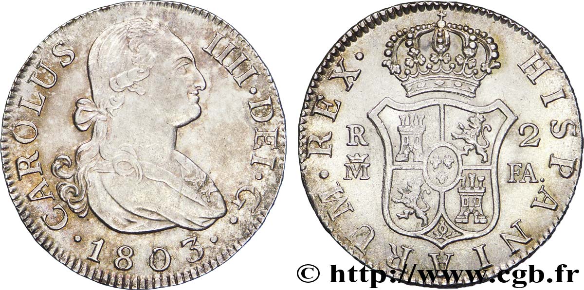 SPANIEN 2 Reales Charles IIII / armes couronnée de Castille et Léon AI 1803 Madrid VZ 
