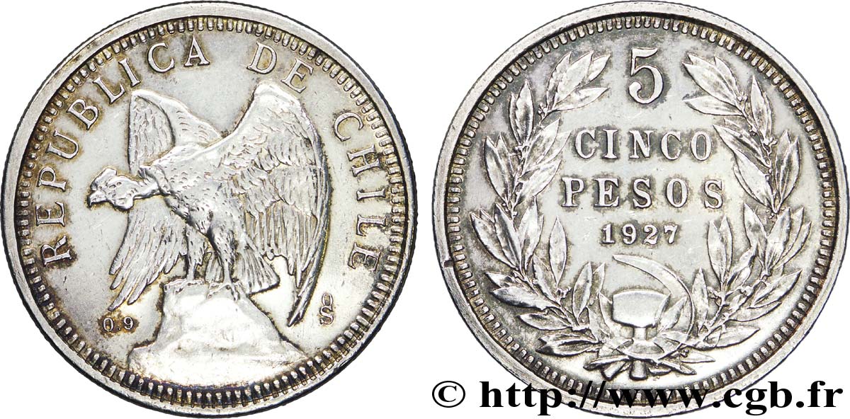 CHILI 5 Pesos condor variété au “5” large 1927 Santiago - S° TTB 