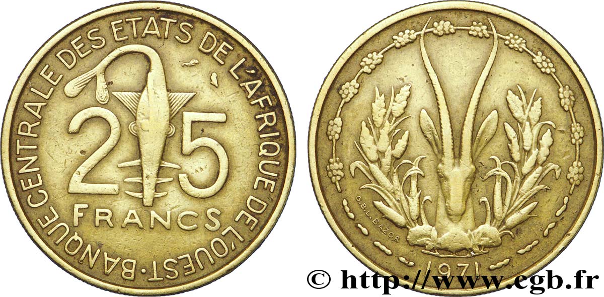 WESTAFRIKANISCHE LÄNDER 25 Francs BCEAO masque / antilope 1971 Paris fSS 