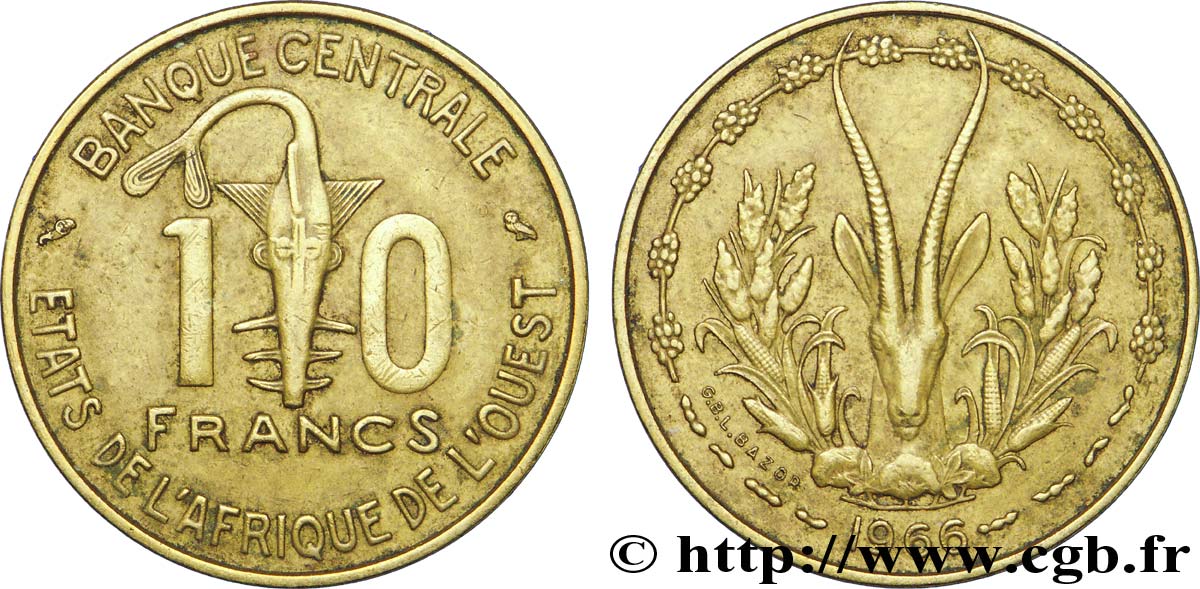 STATI DI L  AFRICA DE L  OVEST 10 Francs BCEAO masque / antilope 1966 Paris BB 