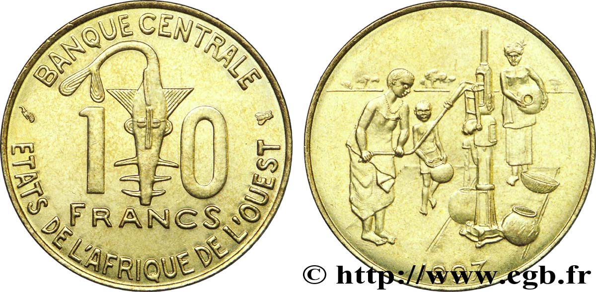 ÉTATS DE L AFRIQUE DE L OUEST (BCEAO) 10 Francs BCEAO masque / villageois au puit 1997 Paris SUP 