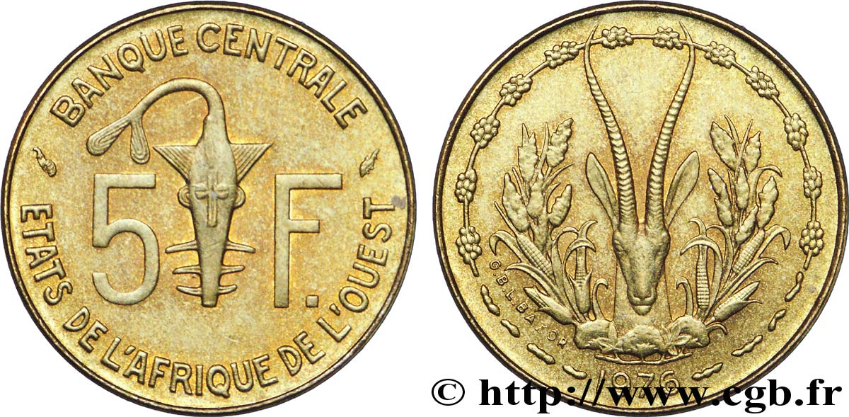 ESTADOS DE ÁFRICA DEL OESTE 5 Francs BCEAO masque / antilope 1976 Paris EBC 