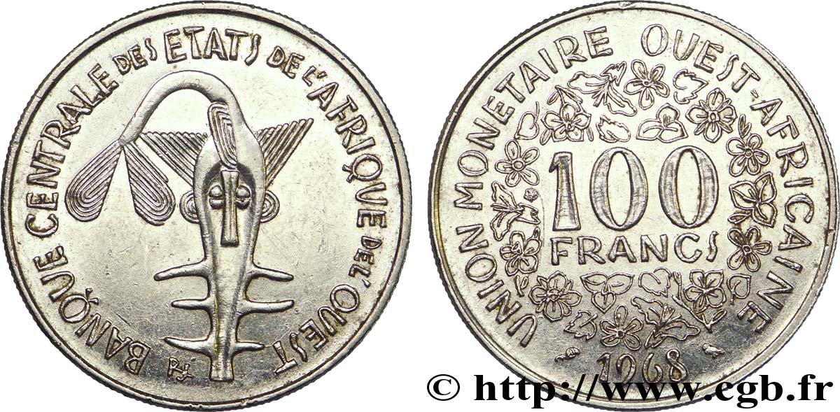 WESTAFRIKANISCHE LÄNDER 100 Francs BCEAO masque 1968 Paris VZ 