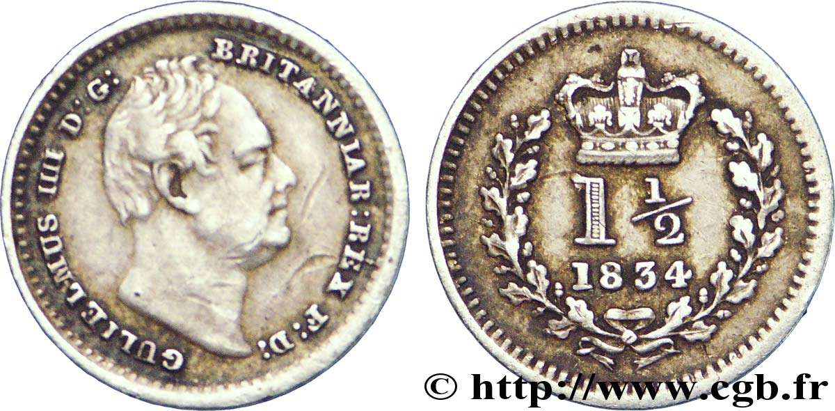 VEREINIGTEN KÖNIGREICH 1 1/2 Pence Guillaume IV 1834  SS 