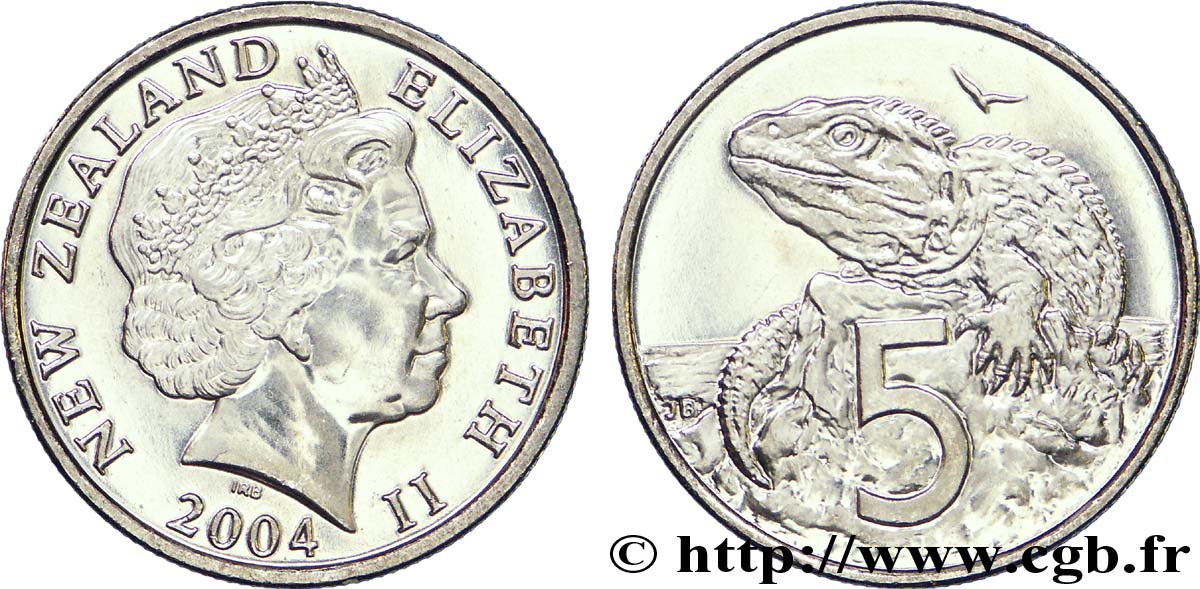 NEUSEELAND
 5 Cents Elisabeth II / reptile tuatura (Sphenodon punctatus) 2004 Pretoria fST 