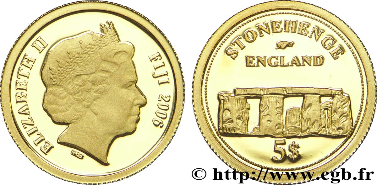 FIDJI 5 Dollars OR BE (proof)  Elisabeth II / Stonehenge 2006  FDC 