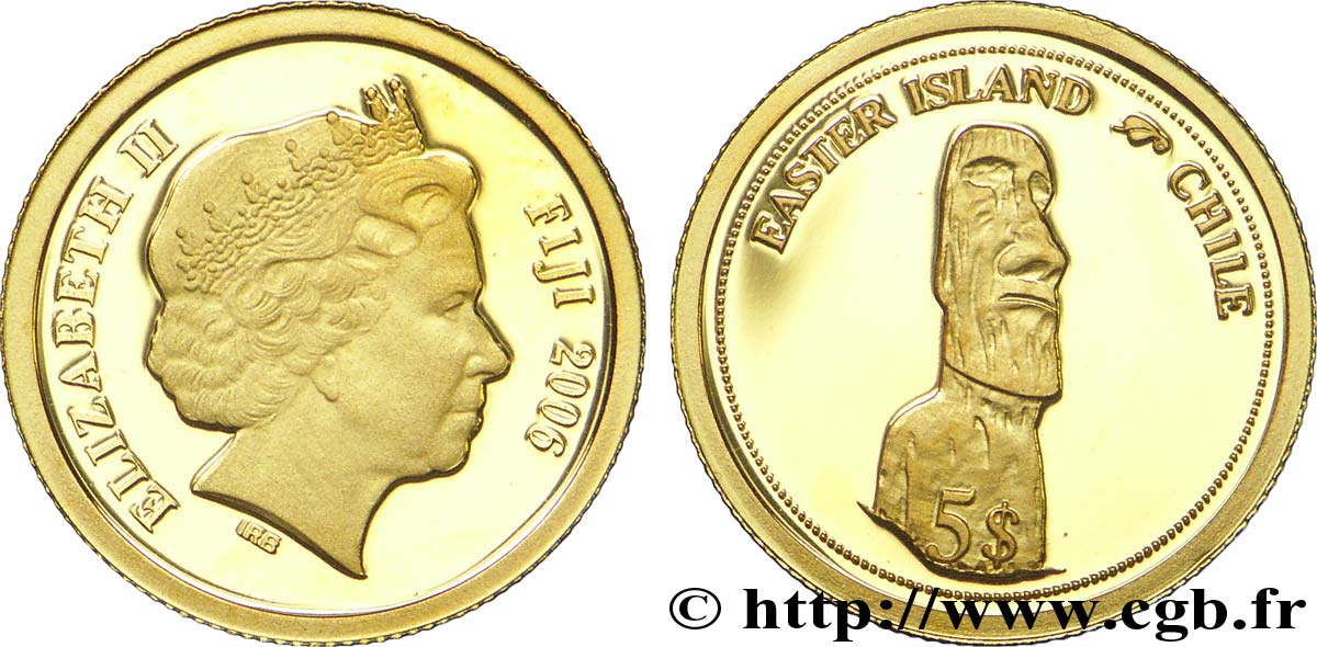FIJI 5 Dollars OR BE (proof)  Elisabeth II / Île de Pâques 2006  MS 