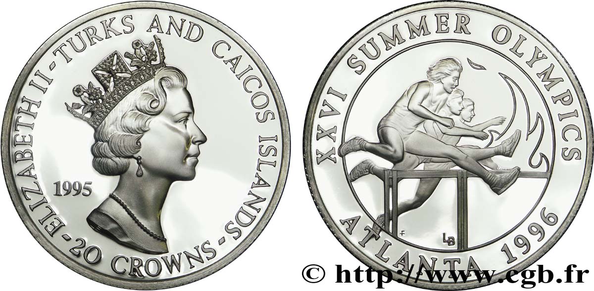 TURKS & CAICOS ISLANDS 20 Crowns BE (Proof) Jeux Olympiques Atlanta 1996 : Elisabeth II / course d’obstacles 1995  MS 