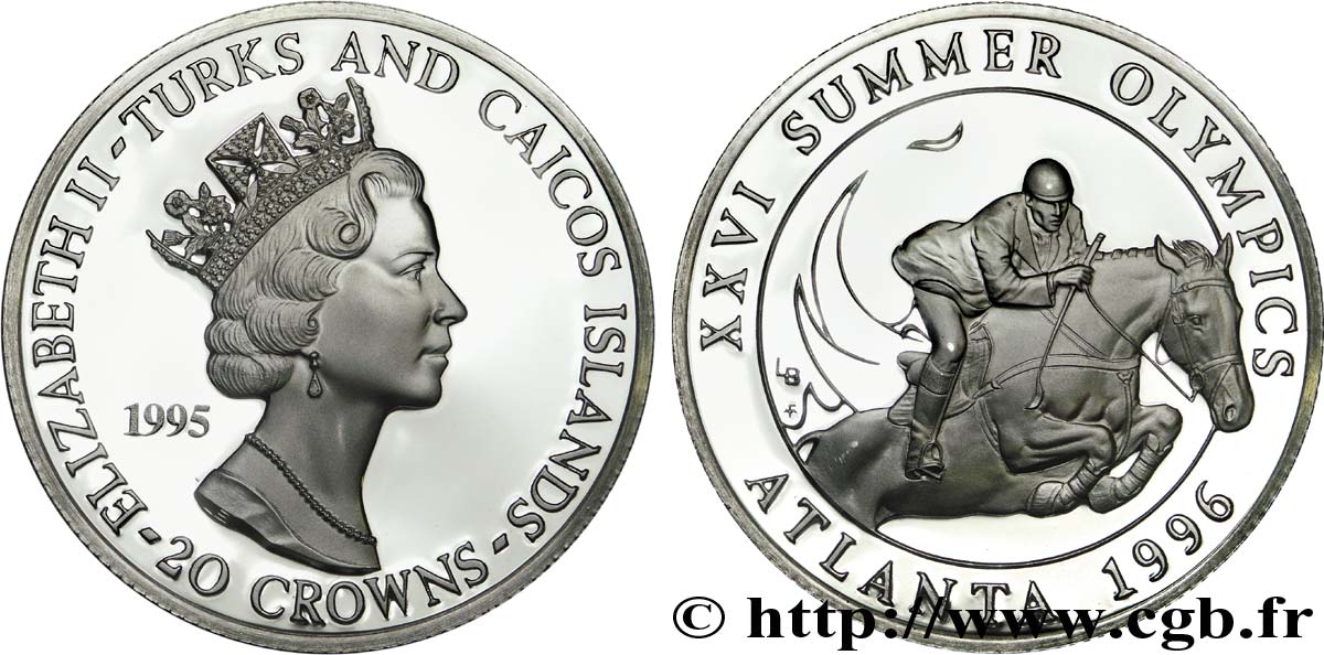 ISLAS TURCAS Y CAICOS 20 Crowns BE (Proof) Jeux Olympiques Atlanta 1996 : Elisabeth II / équitation 1995  FDC 