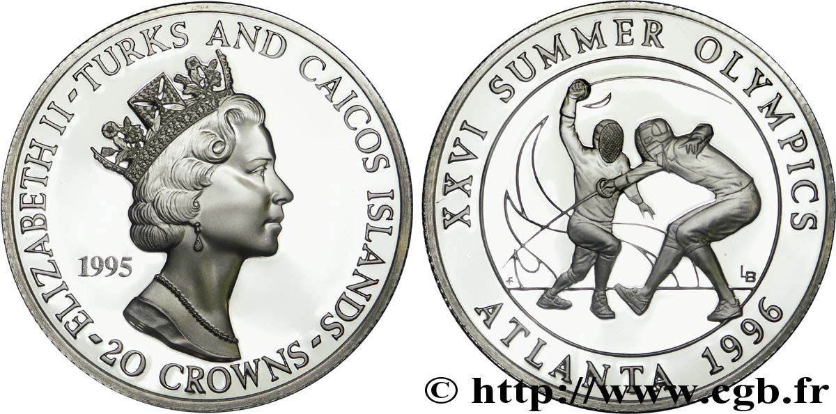 TURKS & CAICOS ISLANDS 20 Crowns BE (Proof) Jeux Olympiques Atlanta 1996 : Elisabeth II / escrime 1995  MS 