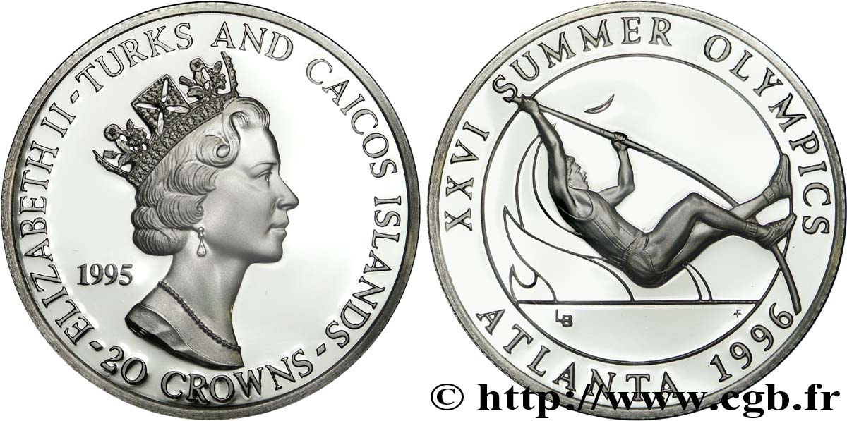 TURKS & CAICOS ISLANDS 20 Crowns BE (Proof) Jeux Olympiques Atlanta 1996 : Elisabeth II / perchiste 1995  MS 